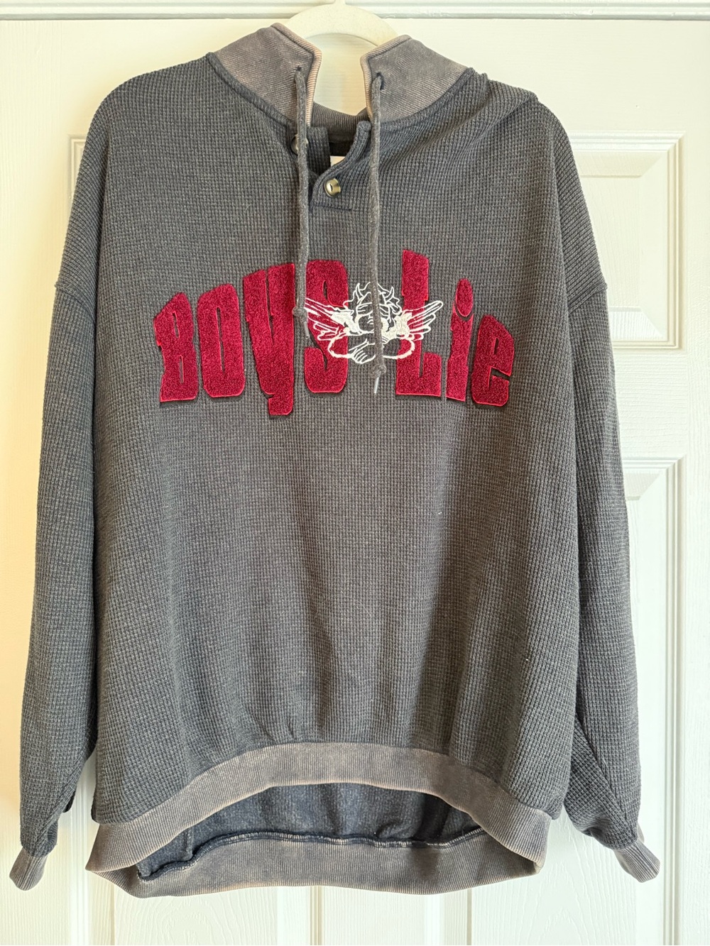 Boys Lie Gray Hooded Thermal Sweatshirt with Red Logo. Knight Angel Tour.